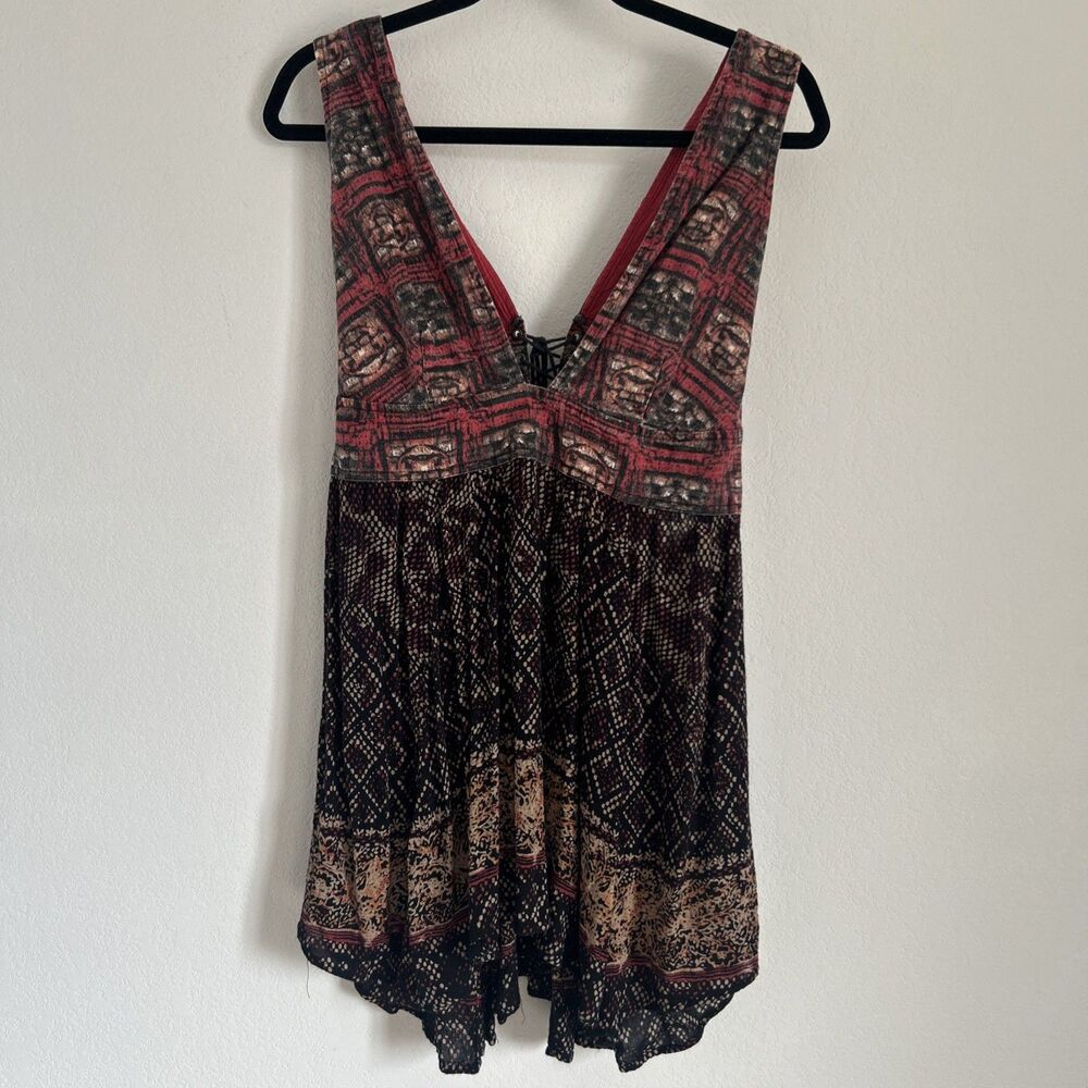 Free People Noyal Heat Wave Dress Red Camo Tribal V-Neck Tunic Mini Dress Sz L